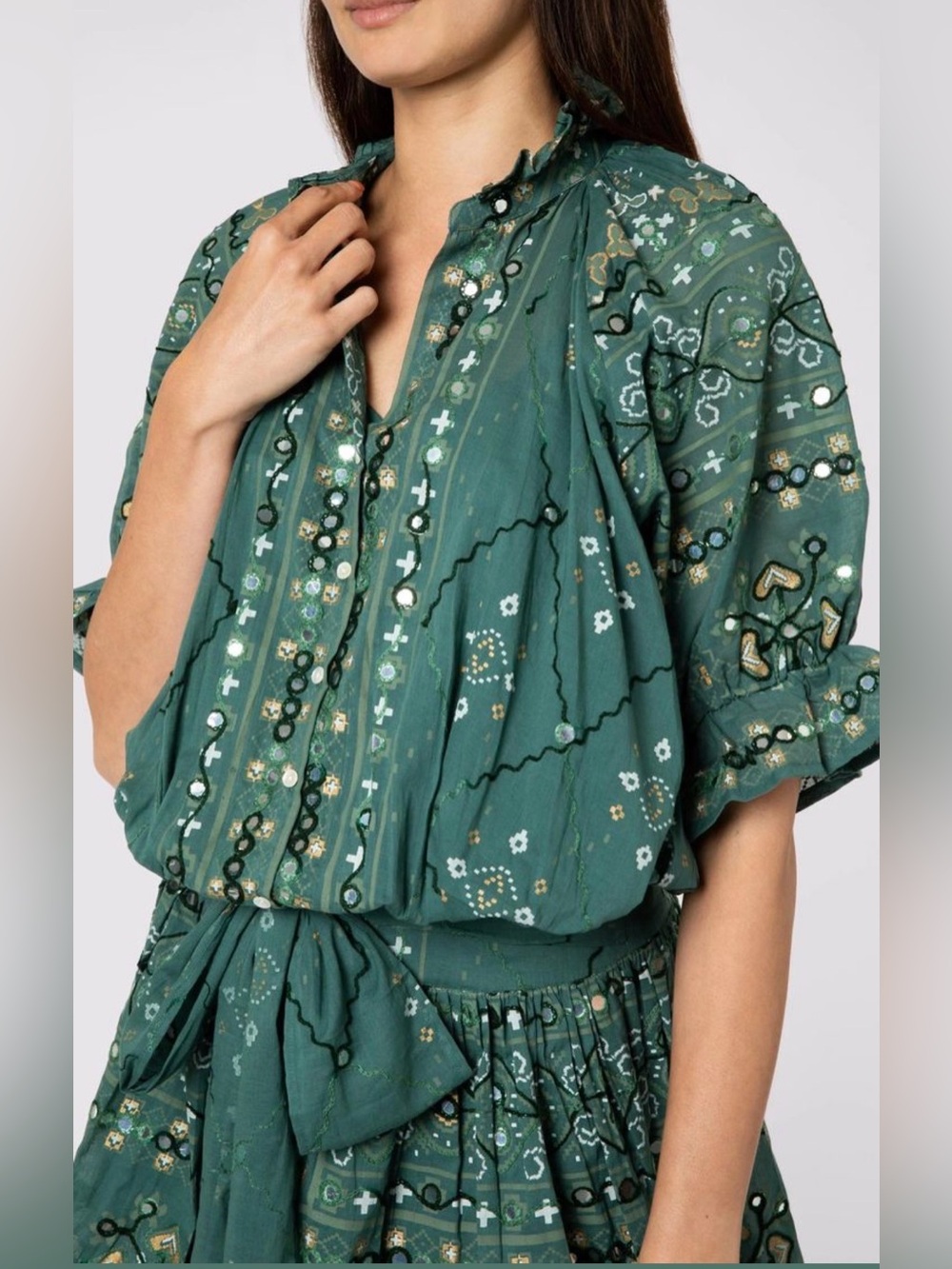 Juliet Dunn Bottle Green Mosaic Print Blouson Dress Mirror Embroidered Sz Small